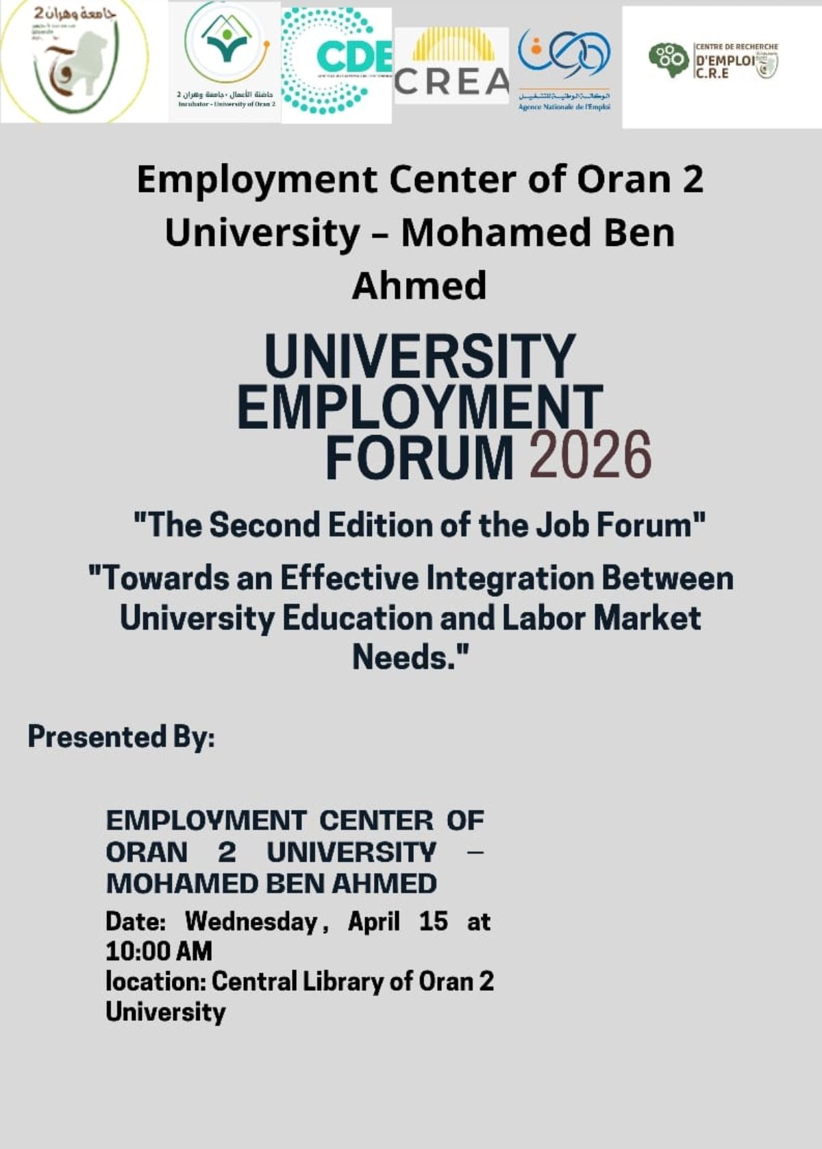 <span> 01/04/2026</span> الطبعة الثانية من منتدى الشغل، الأربعاء 15 افريل بجامعة وهران2 محمد بن أحمد
